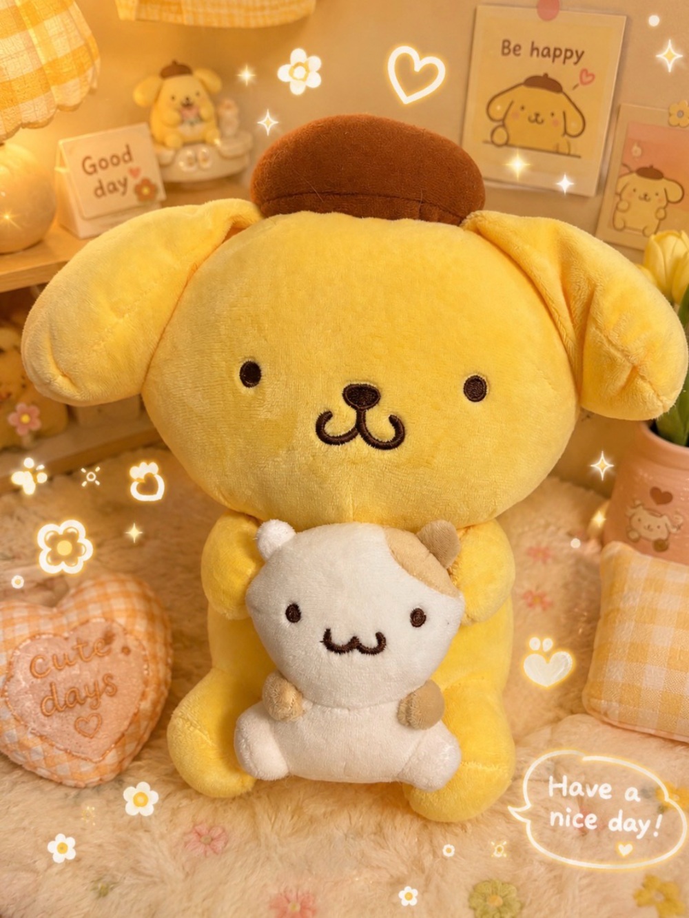 Sanrio Pompompurin Plush in Yellow with Brown Beret Holding Cream Friend Muffin